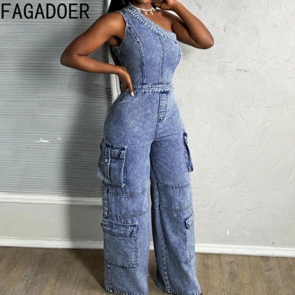 One - Shoulder + Denim Jumpsuit - SN Wigs & More