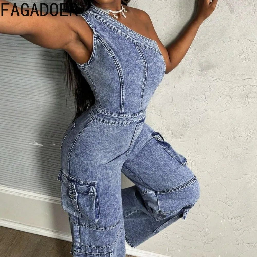 One - Shoulder + Denim Jumpsuit - SN Wigs & More