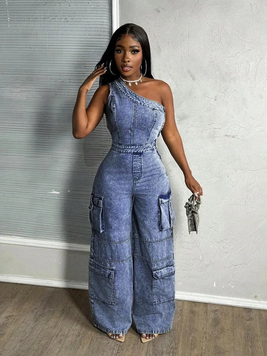 One - Shoulder + Denim Jumpsuit - SN Wigs & More