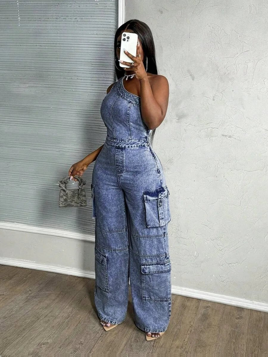 One - Shoulder + Denim Jumpsuit - SN Wigs & More