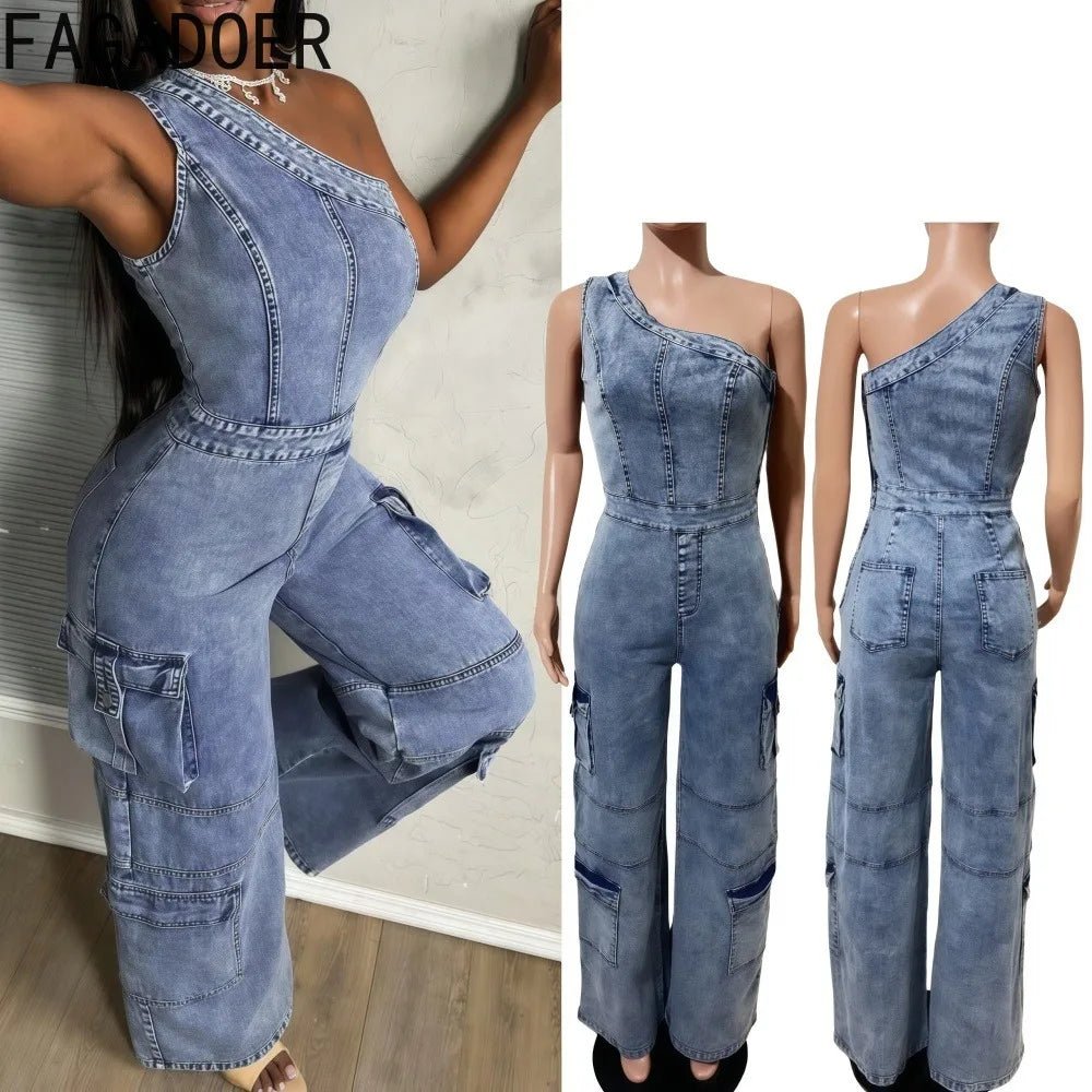 One - Shoulder + Denim Jumpsuit - SN Wigs & More
