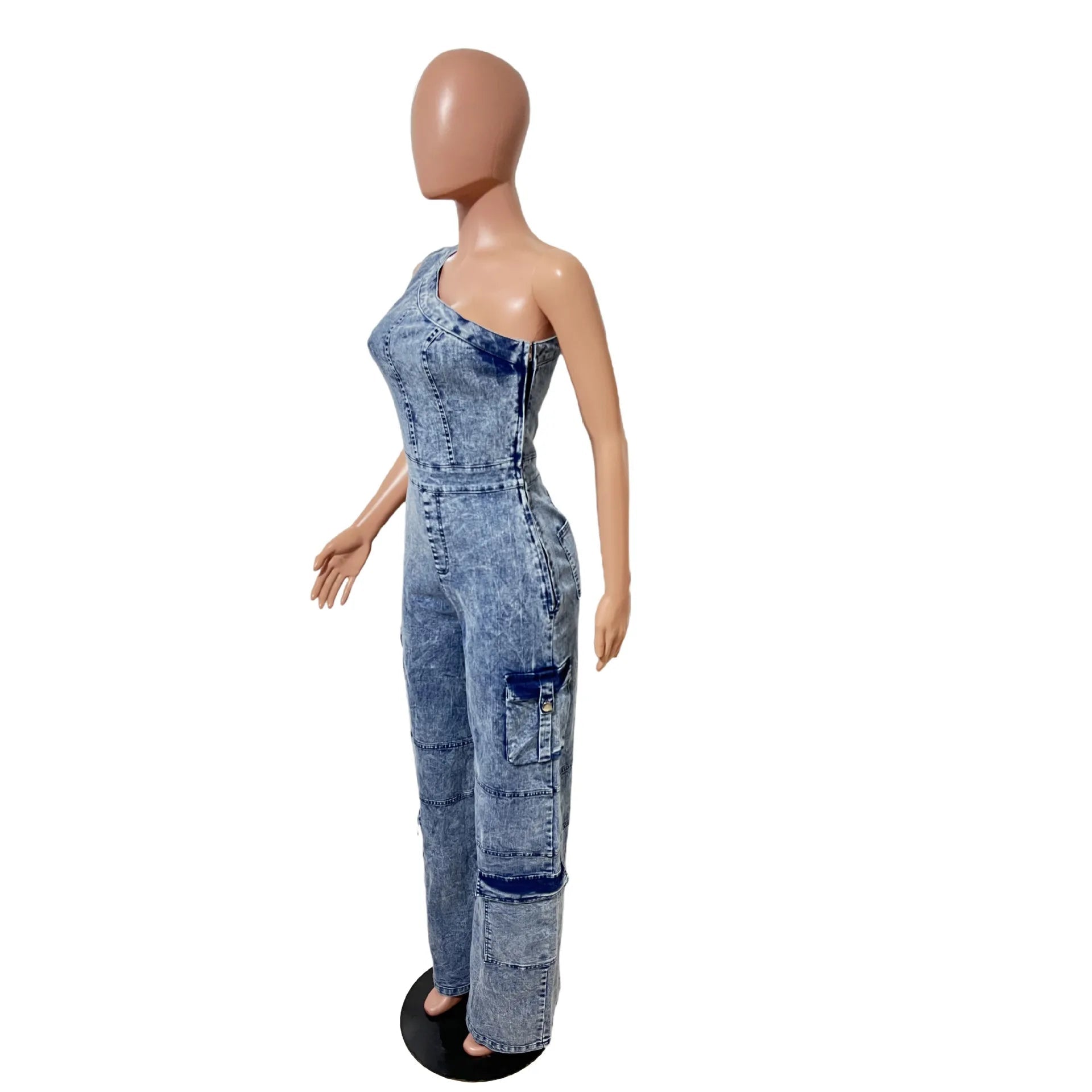 One - Shoulder + Denim Jumpsuit - SN Wigs & More