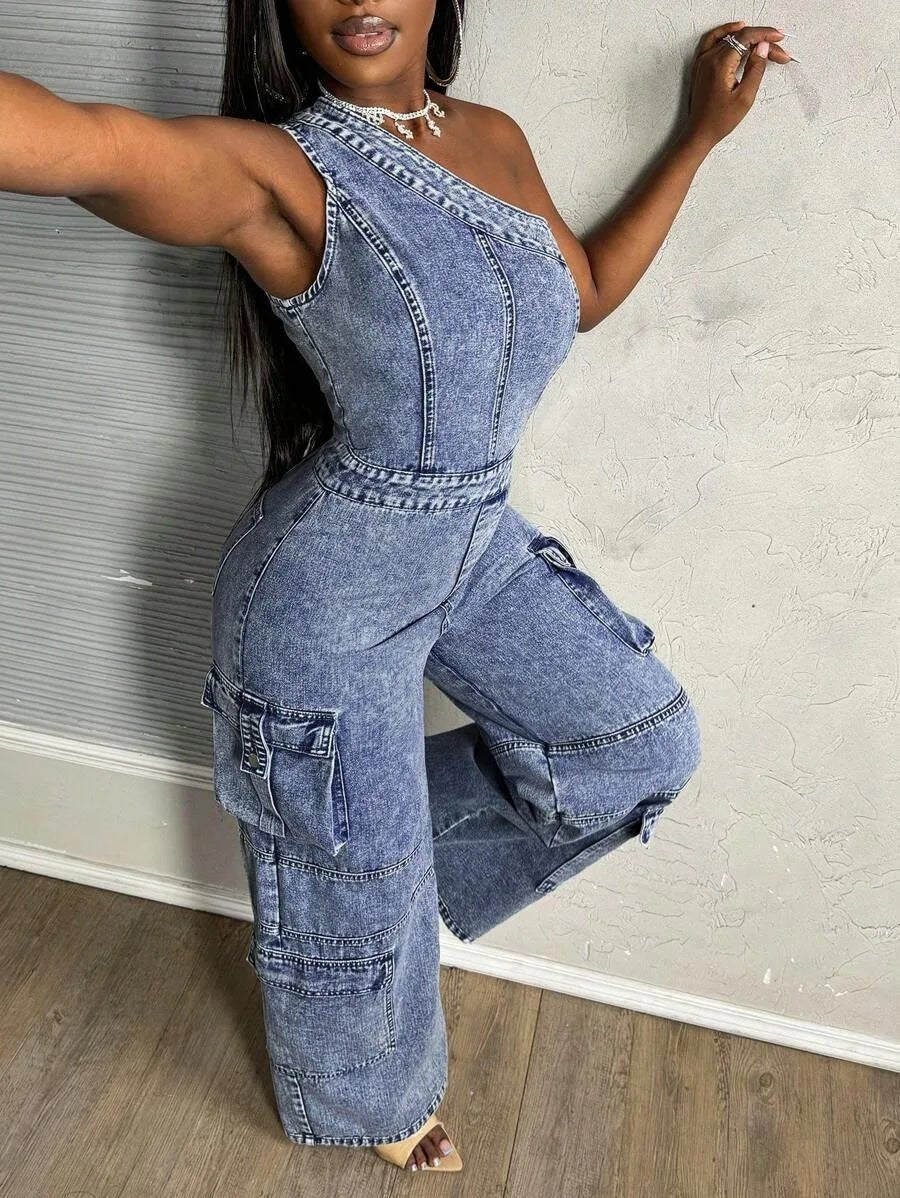One - Shoulder + Denim Jumpsuit - SN Wigs & More