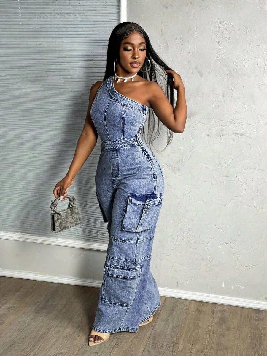 One - Shoulder + Denim Jumpsuit - SN Wigs & More