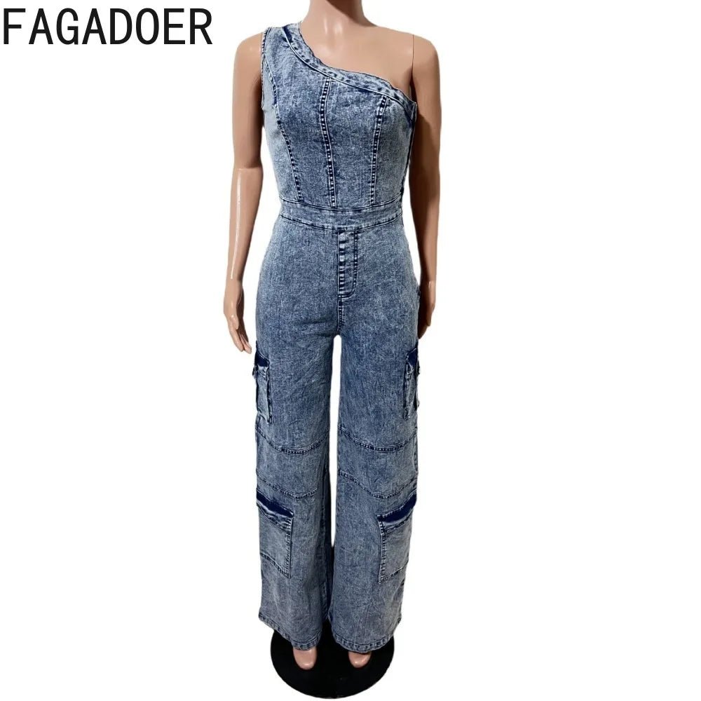 One - Shoulder + Denim Jumpsuit - SN Wigs & More