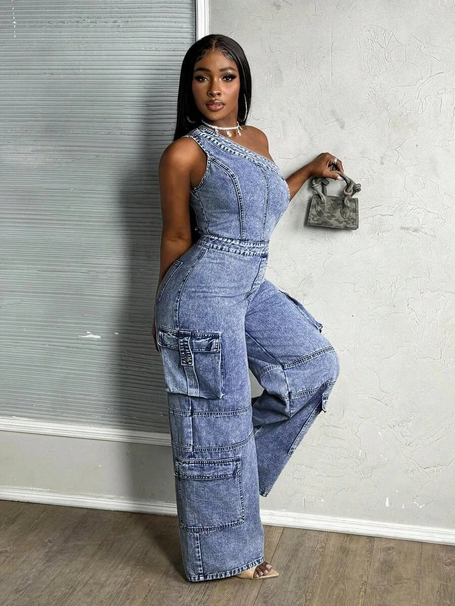 One - Shoulder + Denim Jumpsuit - SN Wigs & More