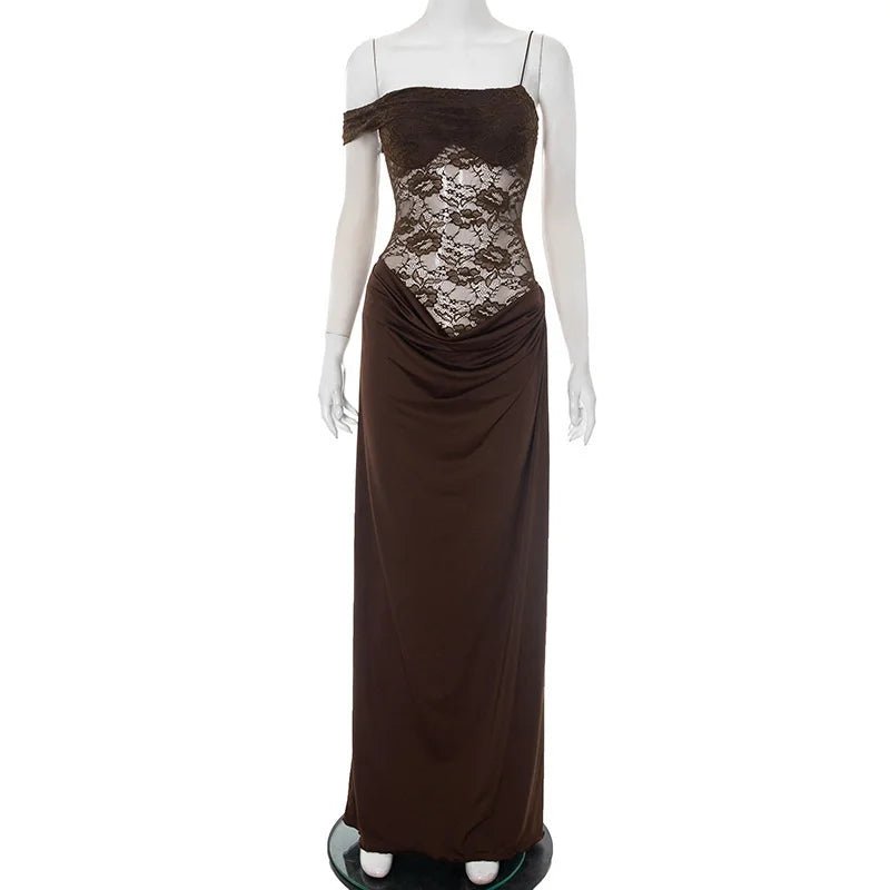 One Shoulder Lace Backless Maxi Dress - SN Wigs & More