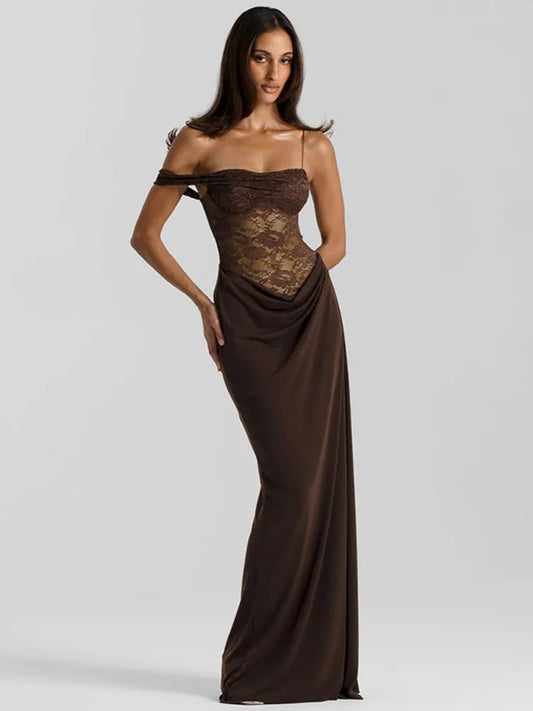 One Shoulder Lace Backless Maxi Dress - SN Wigs & More
