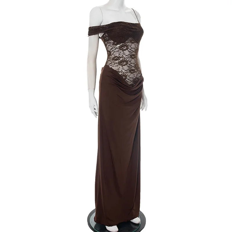 One Shoulder Lace Backless Maxi Dress - SN Wigs & More