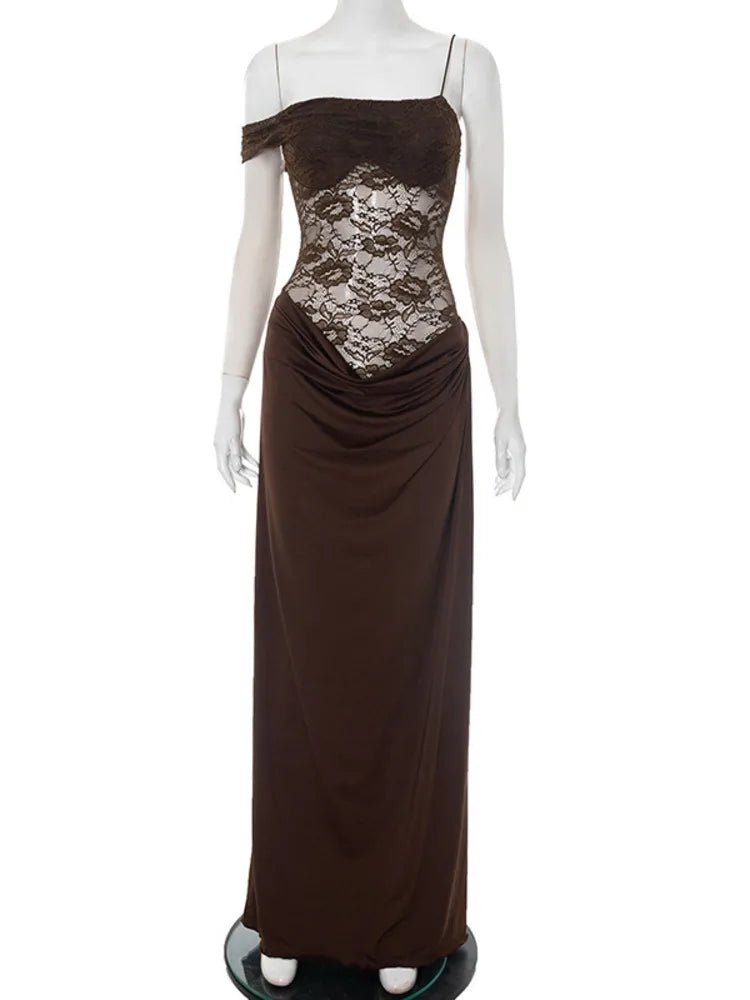 One Shoulder Lace Backless Maxi Dress - SN Wigs & More