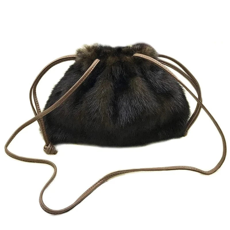 One Size 20*5*28cm / Coffee High Quality Drawstring Genuine Fur Purse Bags Women Mink Fur Handbags for Women