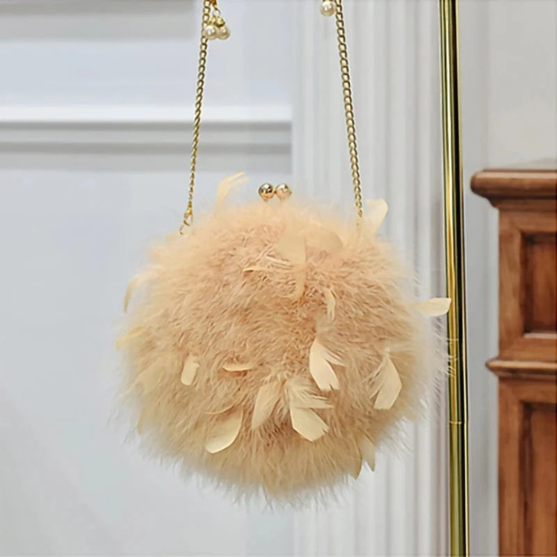 ONE SIZE / Beige Luxury Wedding Purse Design Fur Handbag Real Ostrich Feather Bag for Women