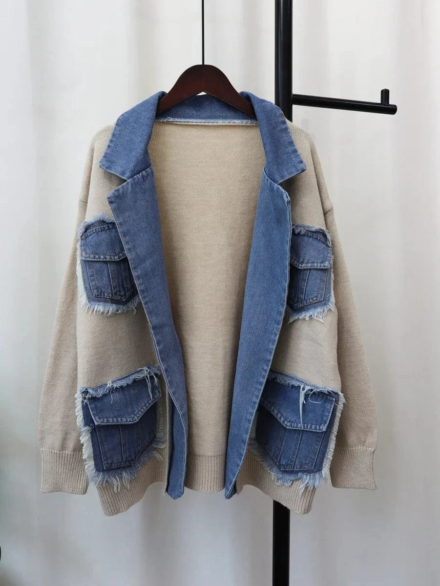 one size / Beige T879 2024 New Arrivals Ready To Ship Winter Warmly Thick Sweaters Patchwork Denim Jeans Coats
