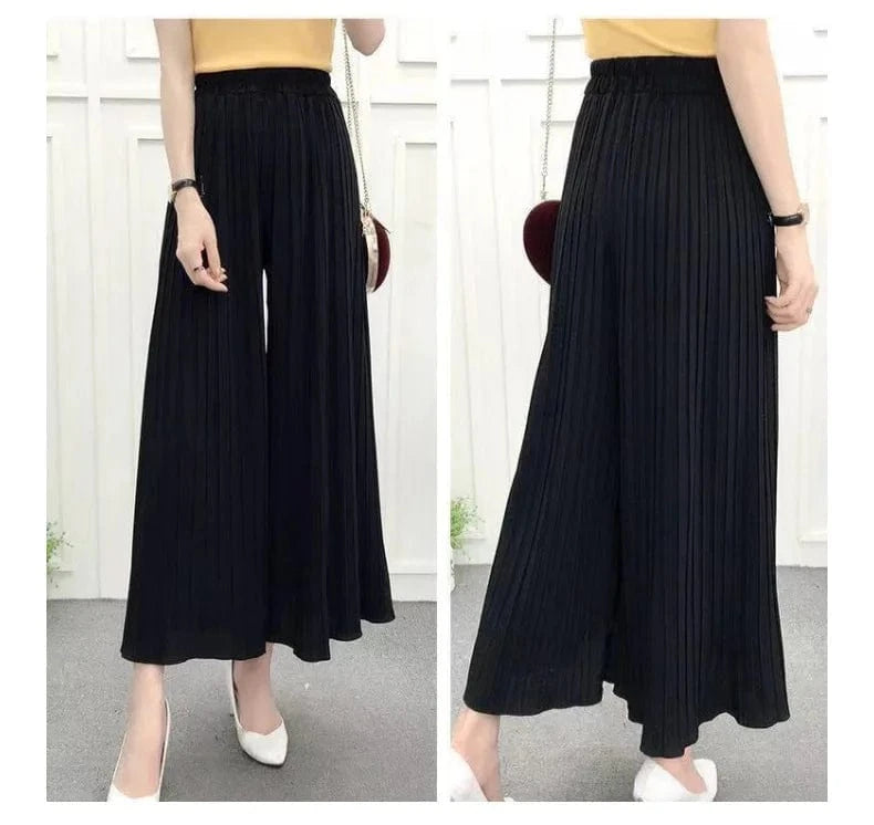 One size / Black 2024 Summer Chiffon Pants for Women Culottes Ruffles Pleated High Waist cropped Pant Loose Wide Leg Pants