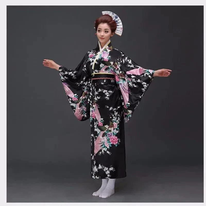One Size / Black A Black Woman Lady Japanese Tradition Yukata Kimono With Obi Flower Vintage Evening Dress Cosplay Costume One size ZW01
