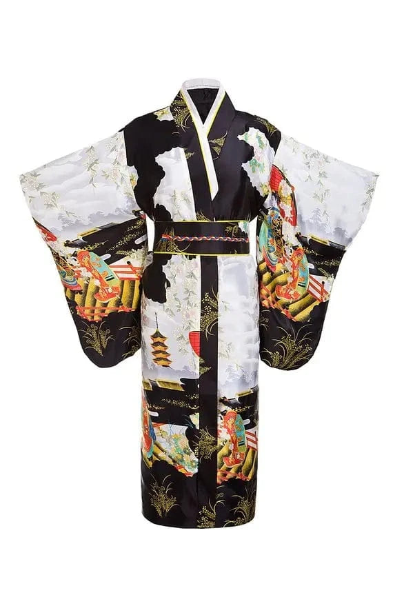 One Size / Black Black Woman Lady Japanese Tradition Yukata Kimono With Obi Flower Vintage Evening Dress Cosplay Costume One size ZW01