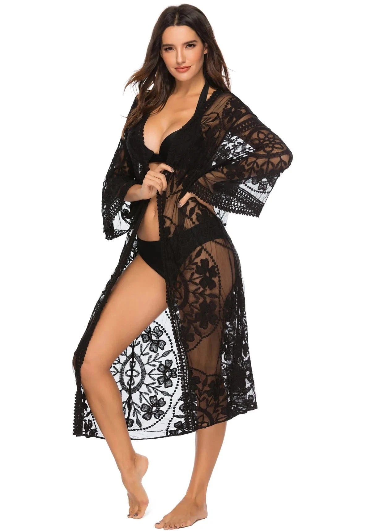 One size / Black Factory Women's Lace Embroidery Cardigan Sheer Beach Cover Ups Long Open Kimono for Women