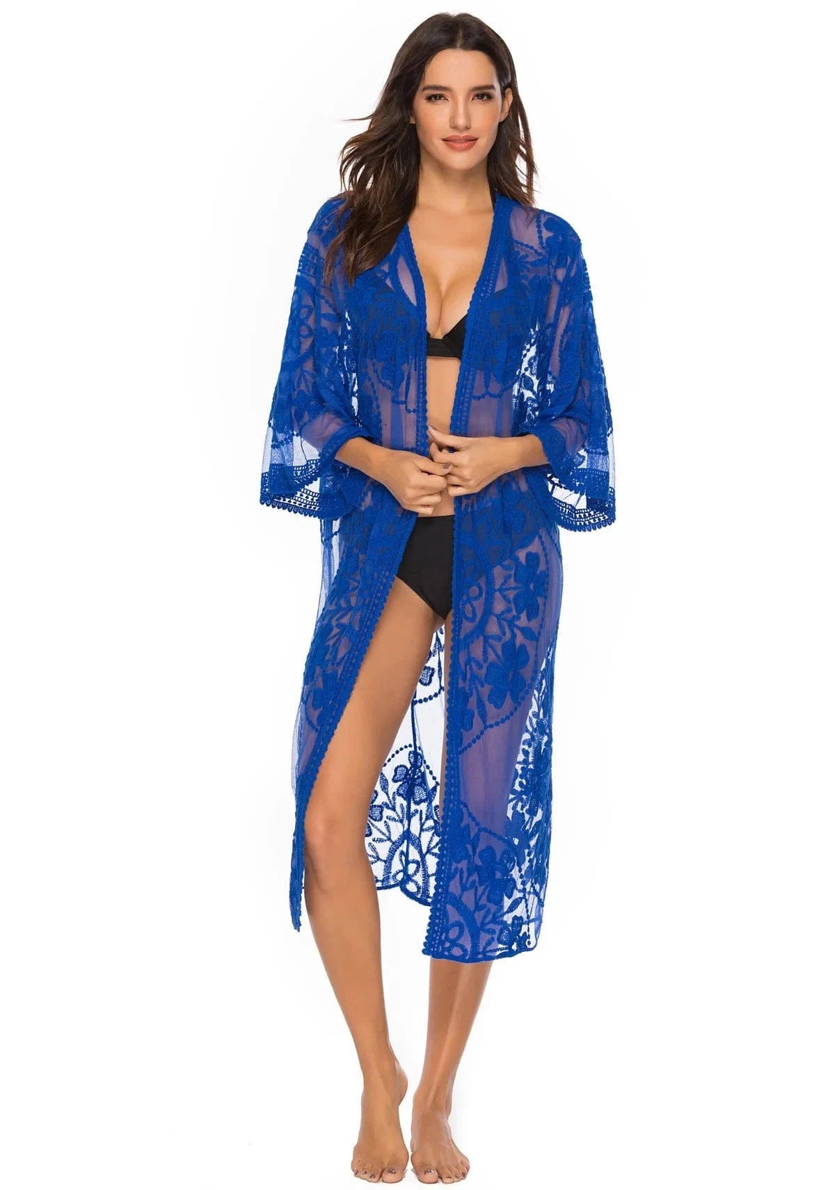 One size / Blue Factory Women's Lace Embroidery Cardigan Sheer Beach Cover Ups Long Open Kimono for Women