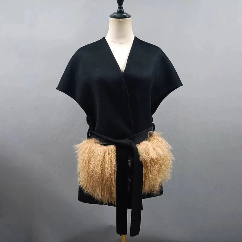 One Size(Bust 114cm) / Black New Coming Fur Pockets Women 100% Wool Soft Vest Cashmere Waistcoat