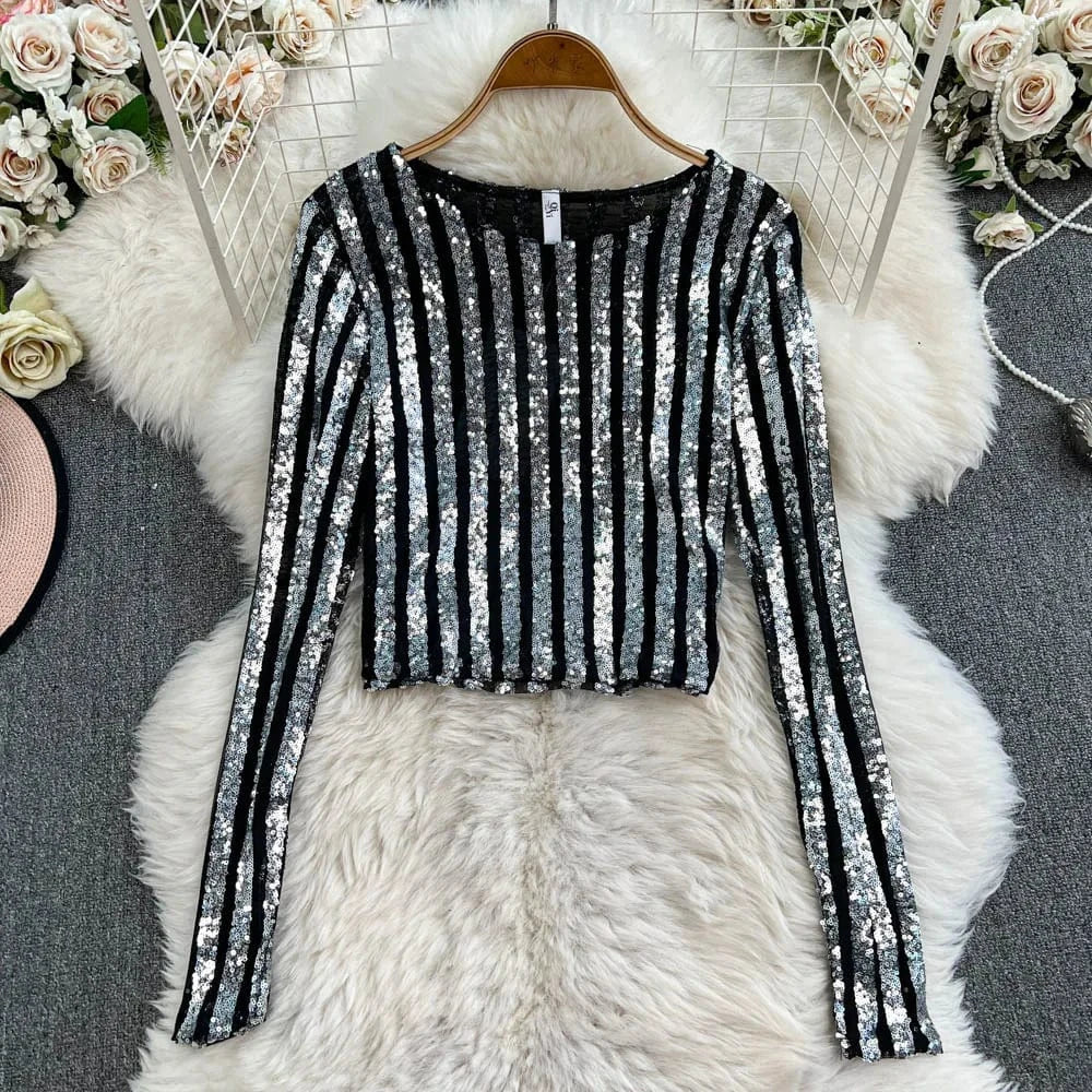 One size fits all / Silver black High-End Heavyweight Sequin Splice Me Long Sve round Ne T-irt Women's Spring Summer New Slimming Top Korean Sle