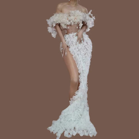 one size / FX231215 Ocstrade Elegant Mesh Flower Red Carpet Evening Dress Pleated Sequin High Slit Sexy Strapless Concert Performance Dress