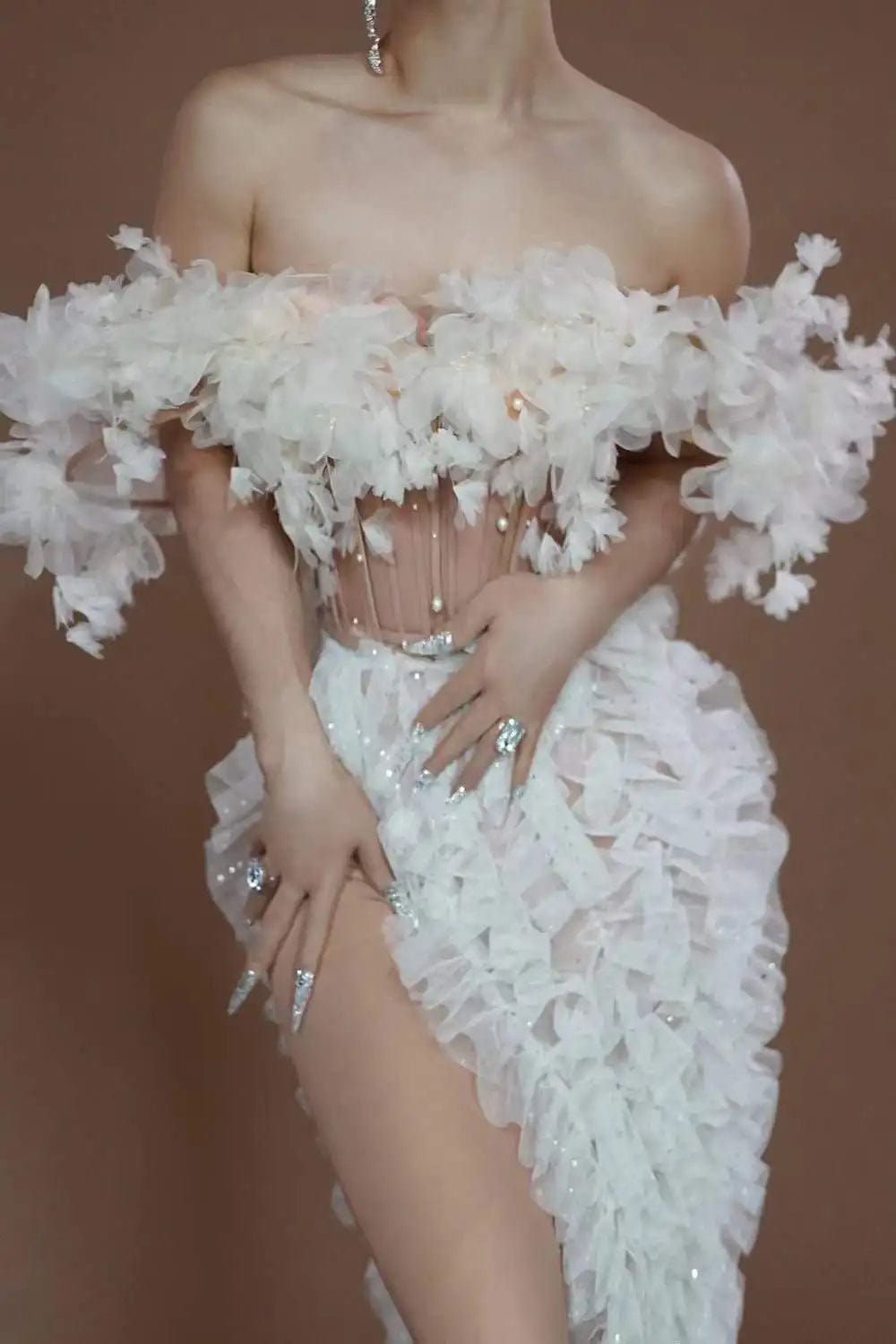 one size / FX231215 Ocstrade Elegant Mesh Flower Red Carpet Evening Dress Pleated Sequin High Slit Sexy Strapless Concert Performance Dress