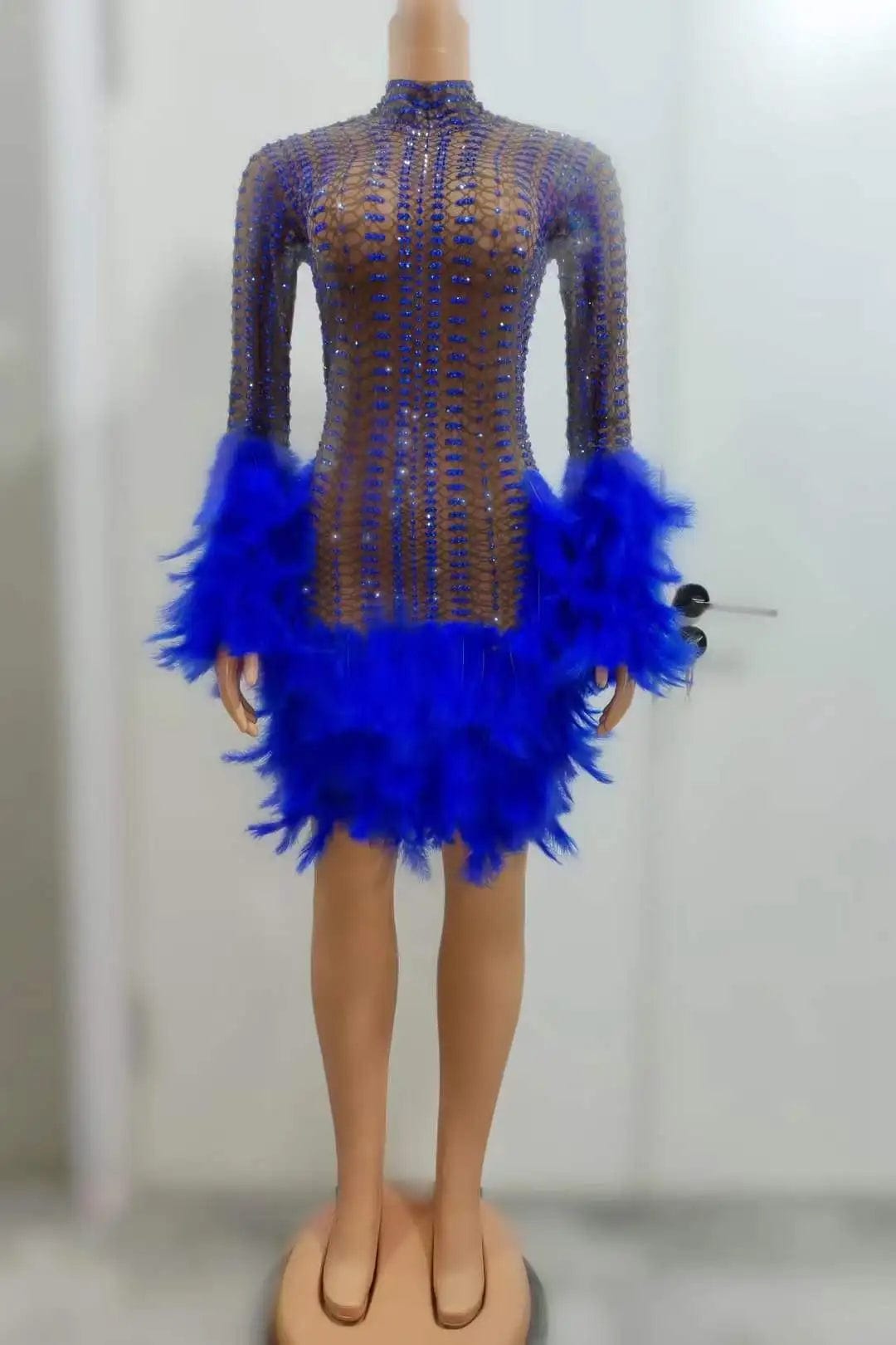 one size / FX231226 Blue Ocstrade Luxury Performance Dresses Glitter Diamonds Womens Mini Dresses Solid Club Party Stage Dance Wear With Feather