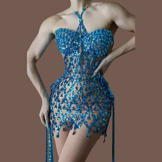 one size / FX231237 Ocstrade Vestido Halter Off The Shoulder Sexy See Through Rhinestone Party Dress Tassel Bodycon Mini Performance Dress