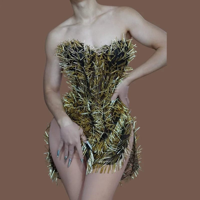 one size / FX231239 Ocstrade Fashion Design Sexy Gold Shiny Sequined Slit Performance Mini Dress Women Slim Fit Night Club Party Dress