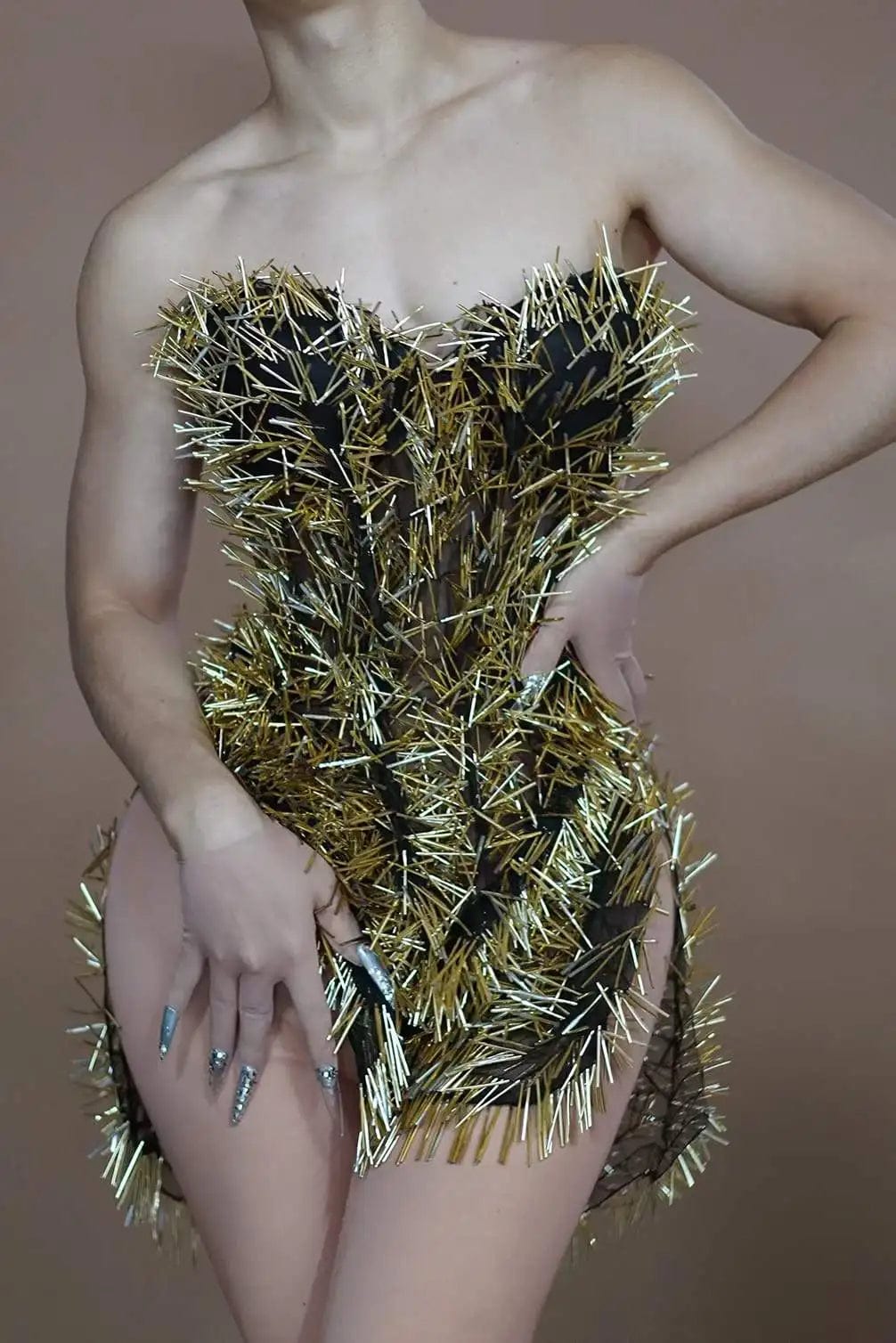 one size / FX231239 Ocstrade Fashion Design Sexy Gold Shiny Sequined Slit Performance Mini Dress Women Slim Fit Night Club Party Dress