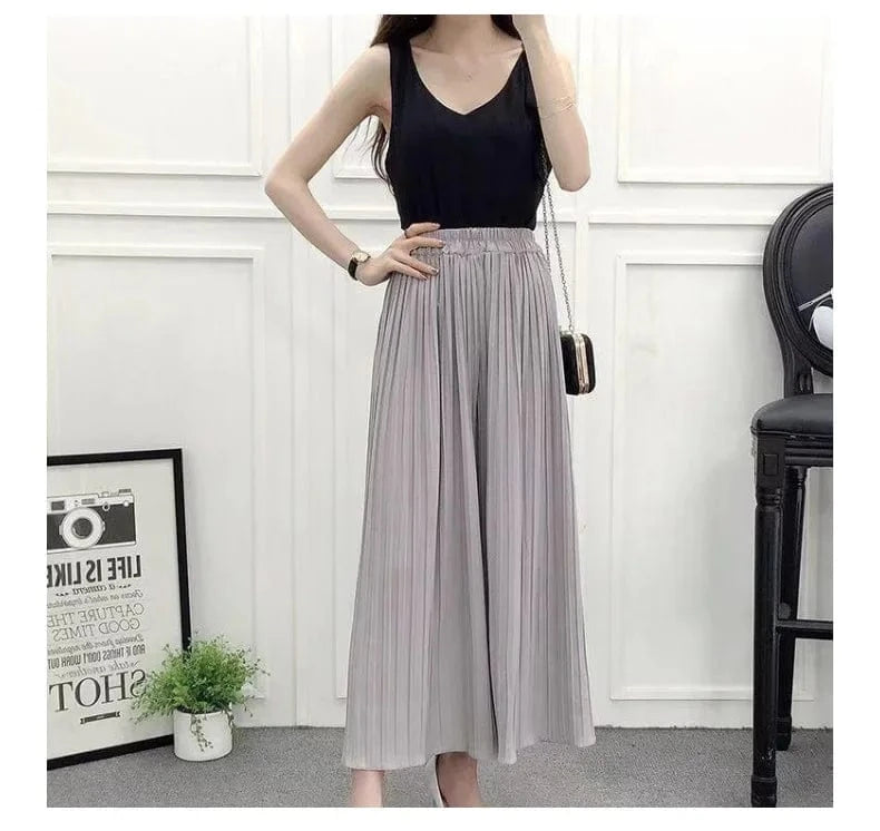 One size / Gray 2024 Summer Chiffon Pants for Women Culottes Ruffles Pleated High Waist cropped Pant Loose Wide Leg Pants