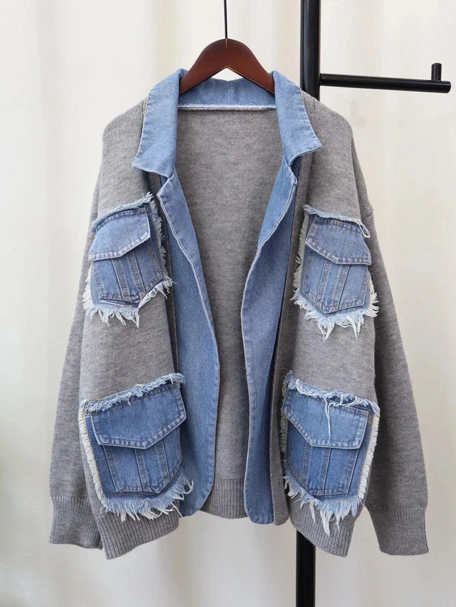 one size / Gray T879 2024 New Arrivals Ready To Ship Winter Warmly Thick Sweaters Patchwork Denim Jeans Coats
