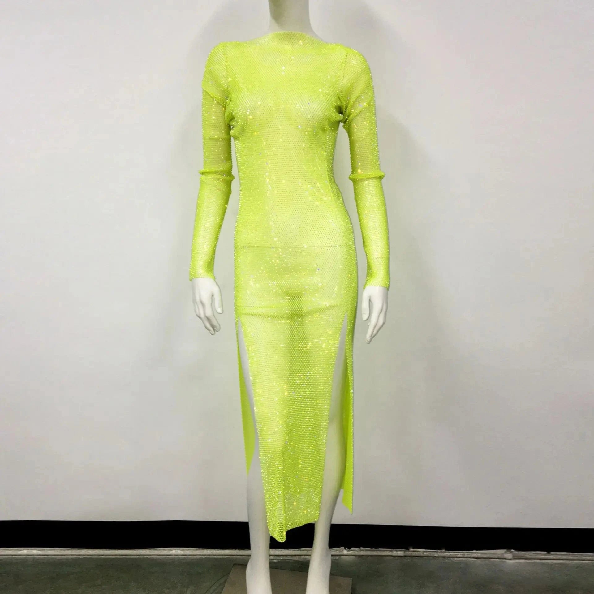 one size / Green 2023 ladies long sleeve black birthday luxury crystal sexy mesh dress rhinestones diamond wedding party midi dresses for women