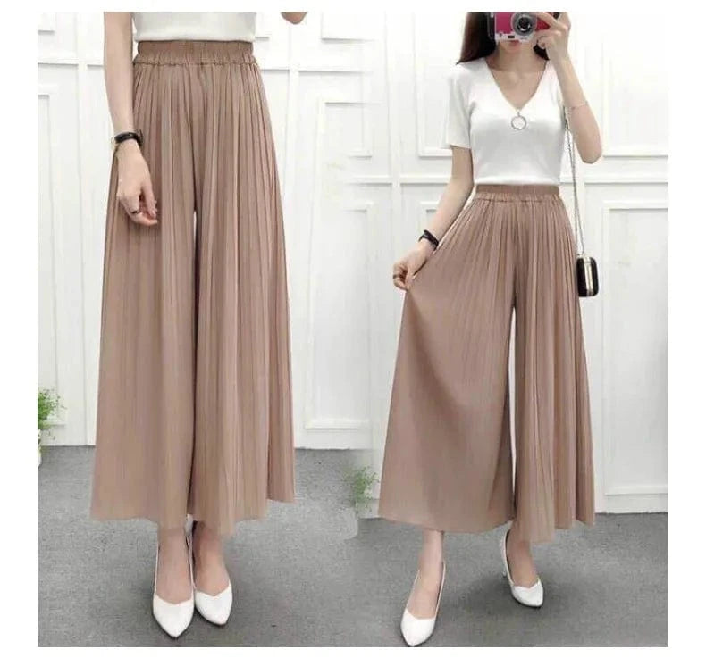 One size / Khaki 2024 Summer Chiffon Pants for Women Culottes Ruffles Pleated High Waist cropped Pant Loose Wide Leg Pants