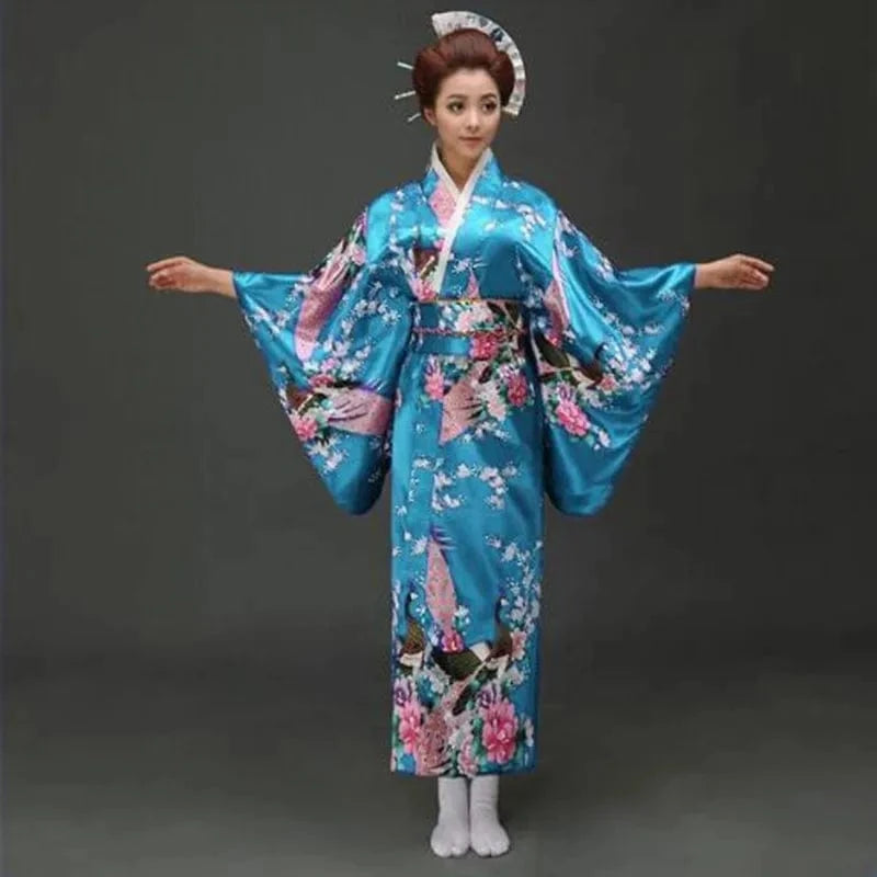 One Size / lake blue A Black Woman Lady Japanese Tradition Yukata Kimono With Obi Flower Vintage Evening Dress Cosplay Costume One size ZW01