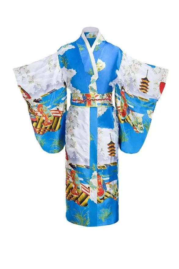 One Size / lake blue Black Woman Lady Japanese Tradition Yukata Kimono With Obi Flower Vintage Evening Dress Cosplay Costume One size ZW01