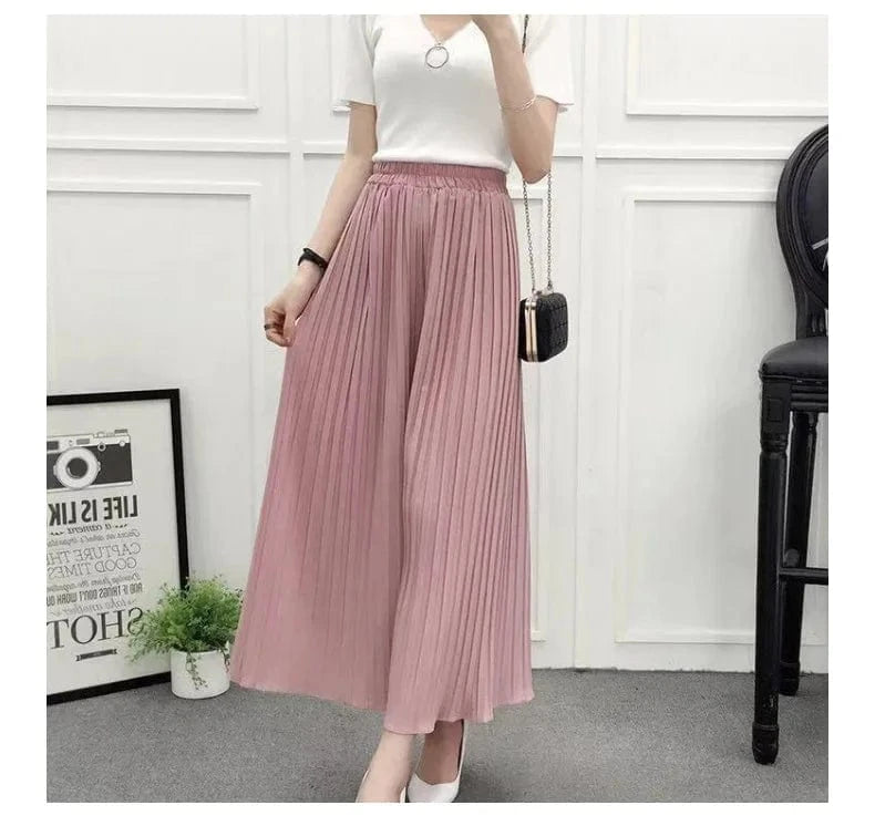 One size / Pink 2024 Summer Chiffon Pants for Women Culottes Ruffles Pleated High Waist cropped Pant Loose Wide Leg Pants