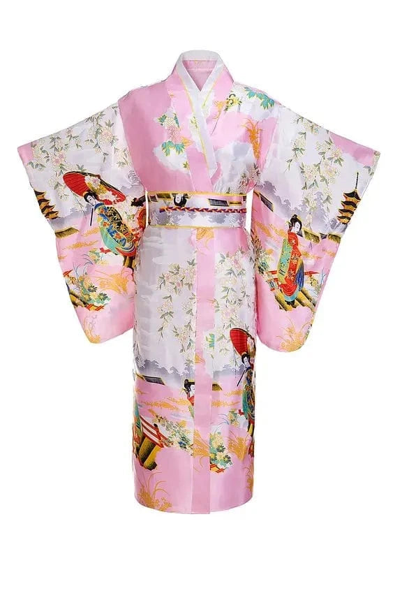 One Size / Pink Black Woman Lady Japanese Tradition Yukata Kimono With Obi Flower Vintage Evening Dress Cosplay Costume One size ZW01