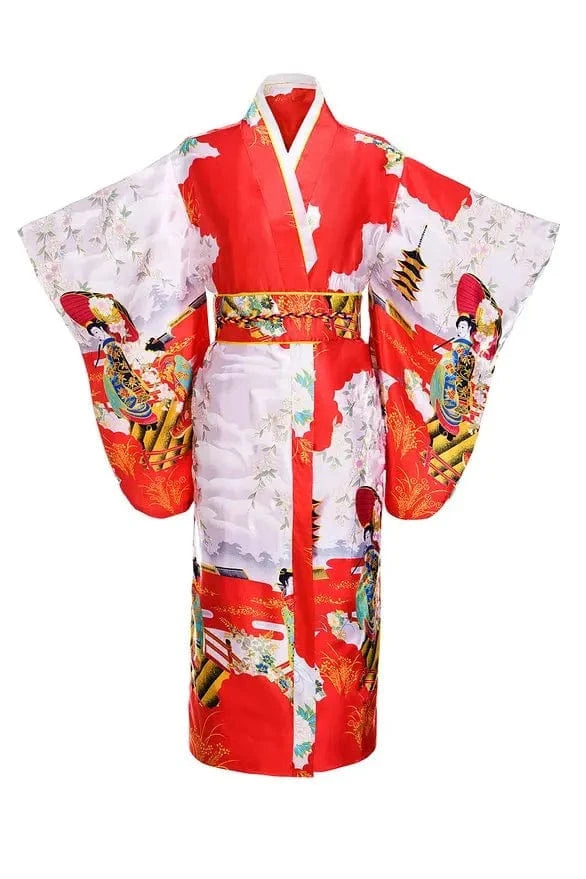 One Size / Red Black Woman Lady Japanese Tradition Yukata Kimono With Obi Flower Vintage Evening Dress Cosplay Costume One size ZW01