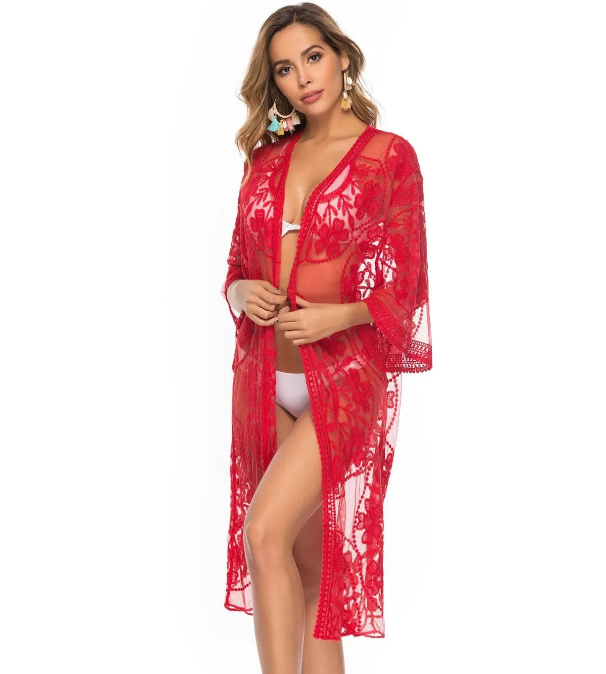 One size / Red Factory Women's Lace Embroidery Cardigan Sheer Beach Cover Ups Long Open Kimono for Women