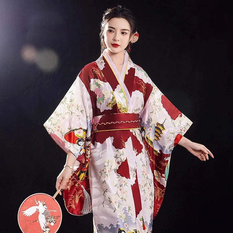 One Size / Style D Black Woman Lady Japanese Tradition Yukata Kimono With Obi Flower Vintage Evening Dress Cosplay Costume One size ZW01