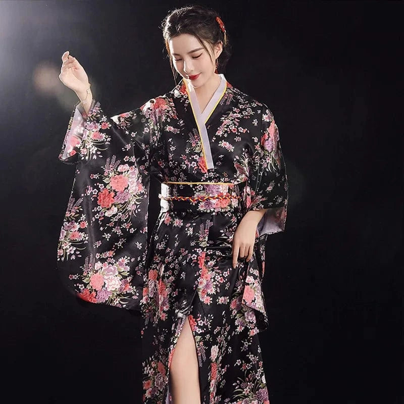 One Size / Style E Black Woman Lady Japanese Tradition Yukata Kimono With Obi Flower Vintage Evening Dress Cosplay Costume One size ZW01