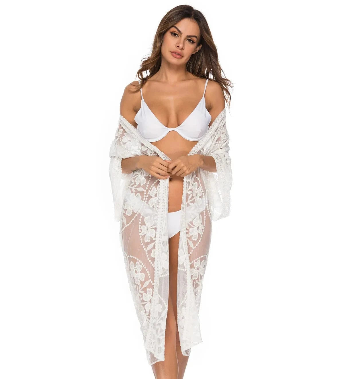 One size / White Factory Women's Lace Embroidery Cardigan Sheer Beach Cover Ups Long Open Kimono for Women