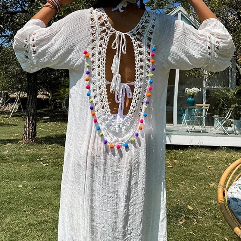 One size / White Hot sale loose split white see-through hollow out dress beach vacation blouse maxi casual boho dress