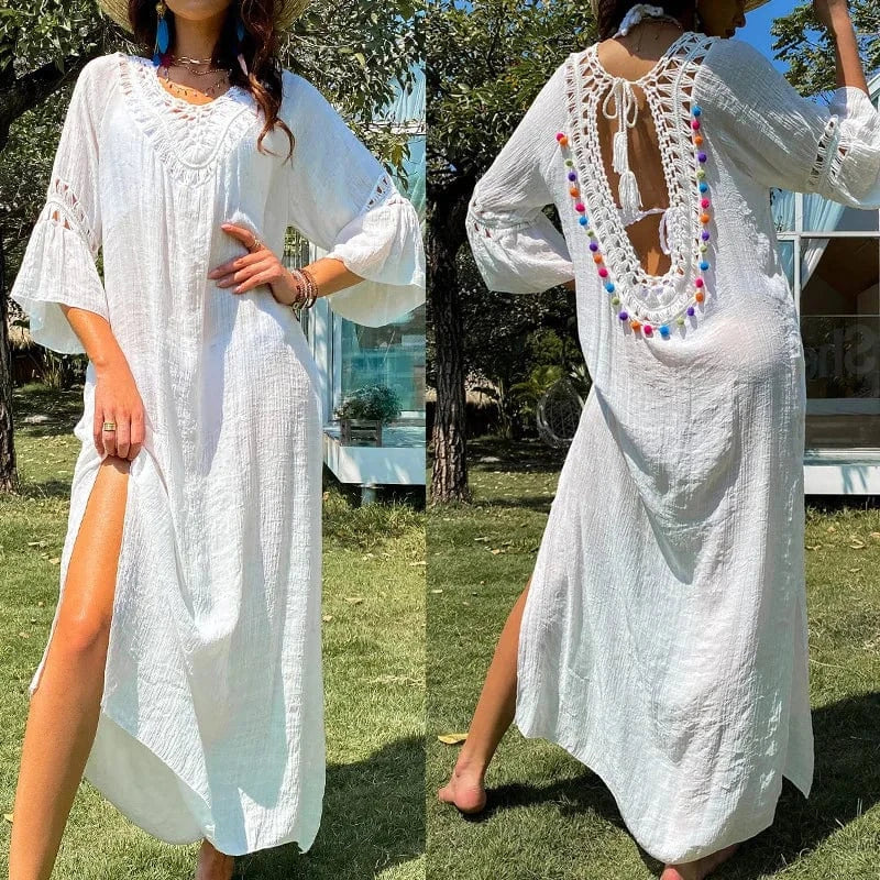 One size / White Hot sale loose split white see-through hollow out dress beach vacation blouse maxi casual boho dress