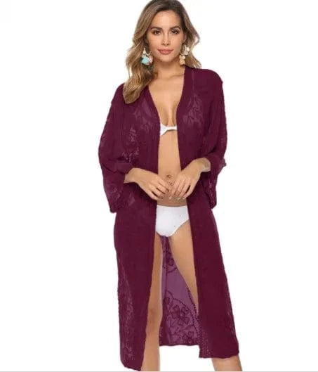 One size / wine red Factory Women's Lace Embroidery Cardigan Sheer Beach Cover Ups Long Open Kimono for Women