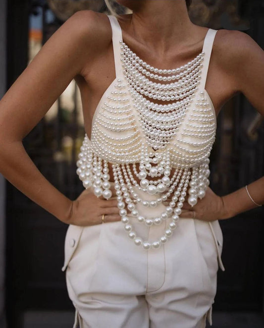 one size / Y0125 Ocstrade Fashion White Pearl Body Jewelry Chain Strap Pearl Vest Sexy Handmade Body Chain Jewelry For Women Crop Top