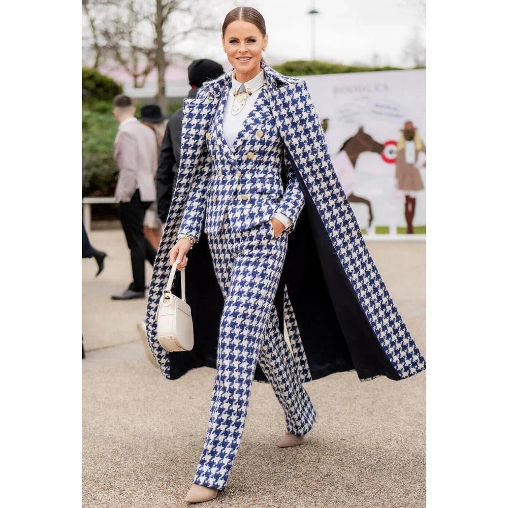 Only Jacket / 4XL / CHINA Chic Houndstooth Women Suits 3 Piece & Only Jacket Peak Lapel Formal Casual Prom Party Pants Sets Long Coat Blazer Pants