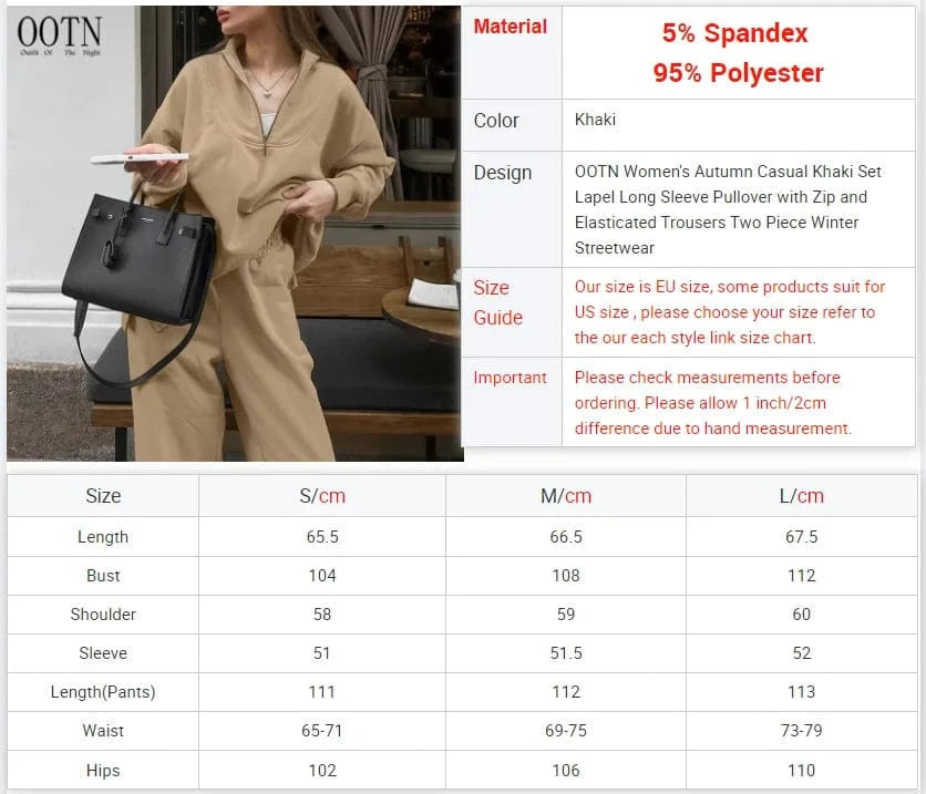 OOTN Women's Autumn Casual Khaki Set Lapel Long Sleeve Pullover With Zip and Elasticated Trousers Two Piece Winter Streetwear