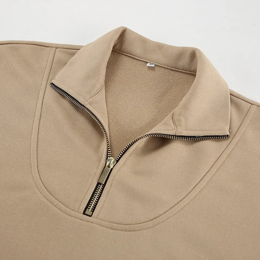 OOTN Women's Autumn Casual Khaki Set Lapel Long Sleeve Pullover With Zip and Elasticated Trousers Two Piece Winter Streetwear